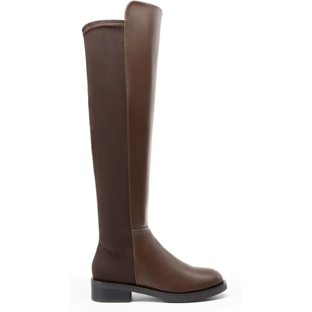 🆕Women Brown-pu Knee High Comfortable Thigh High Daily Low Flat Heel Long Boot